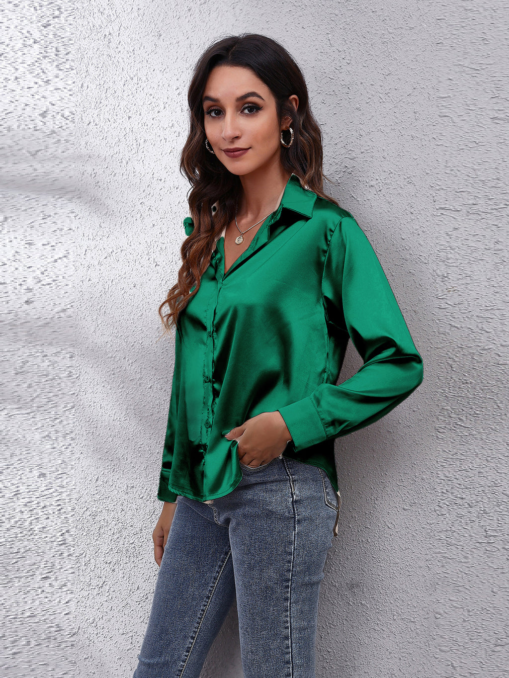 Solid Color Long Sleeve Button Down Tops, Business Casual Blouses For All Seasons, Women's Clothing