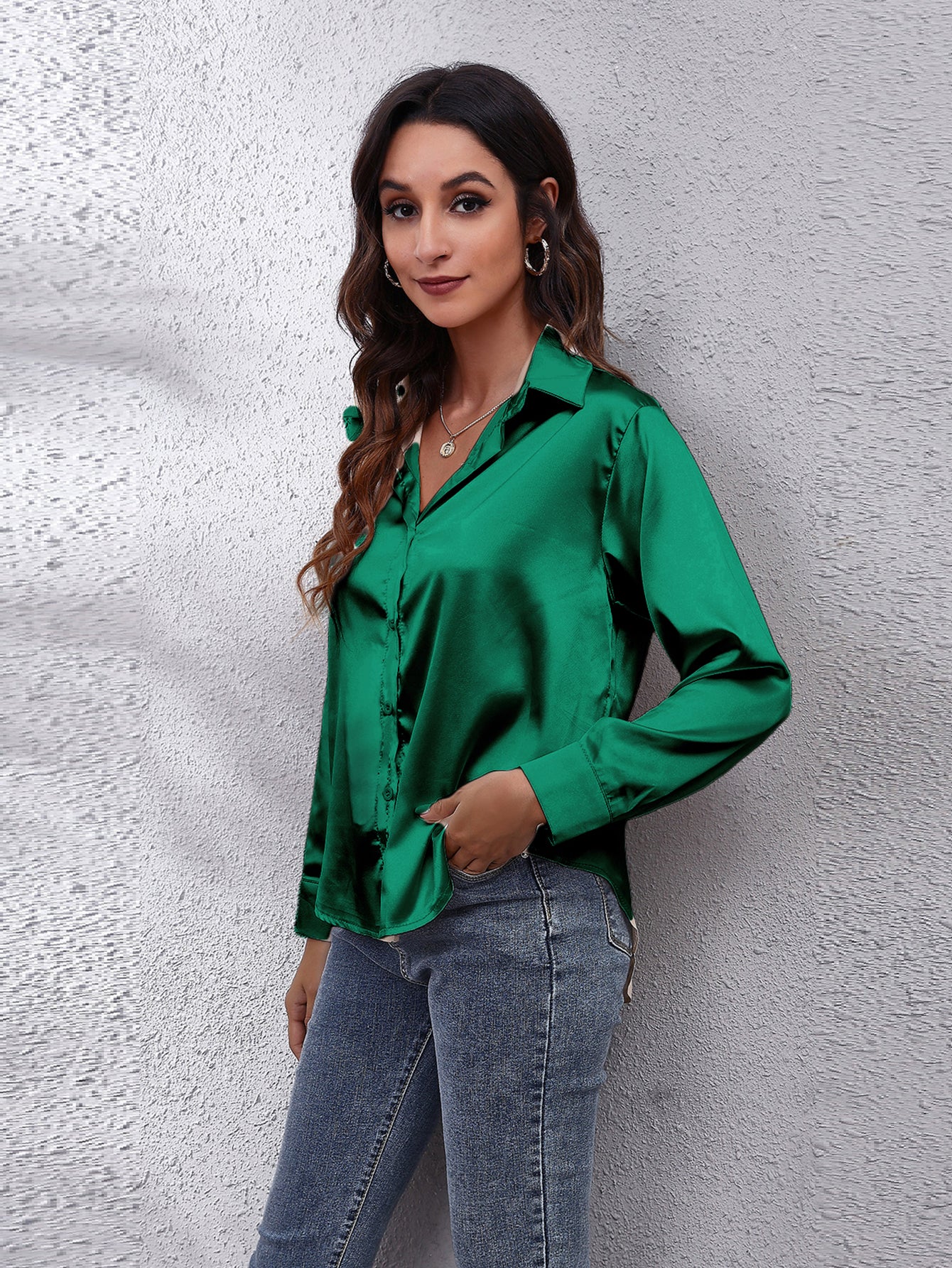 Solid Color Long Sleeve Button Down Tops, Business Casual Blouses For All Seasons, Women's Clothing