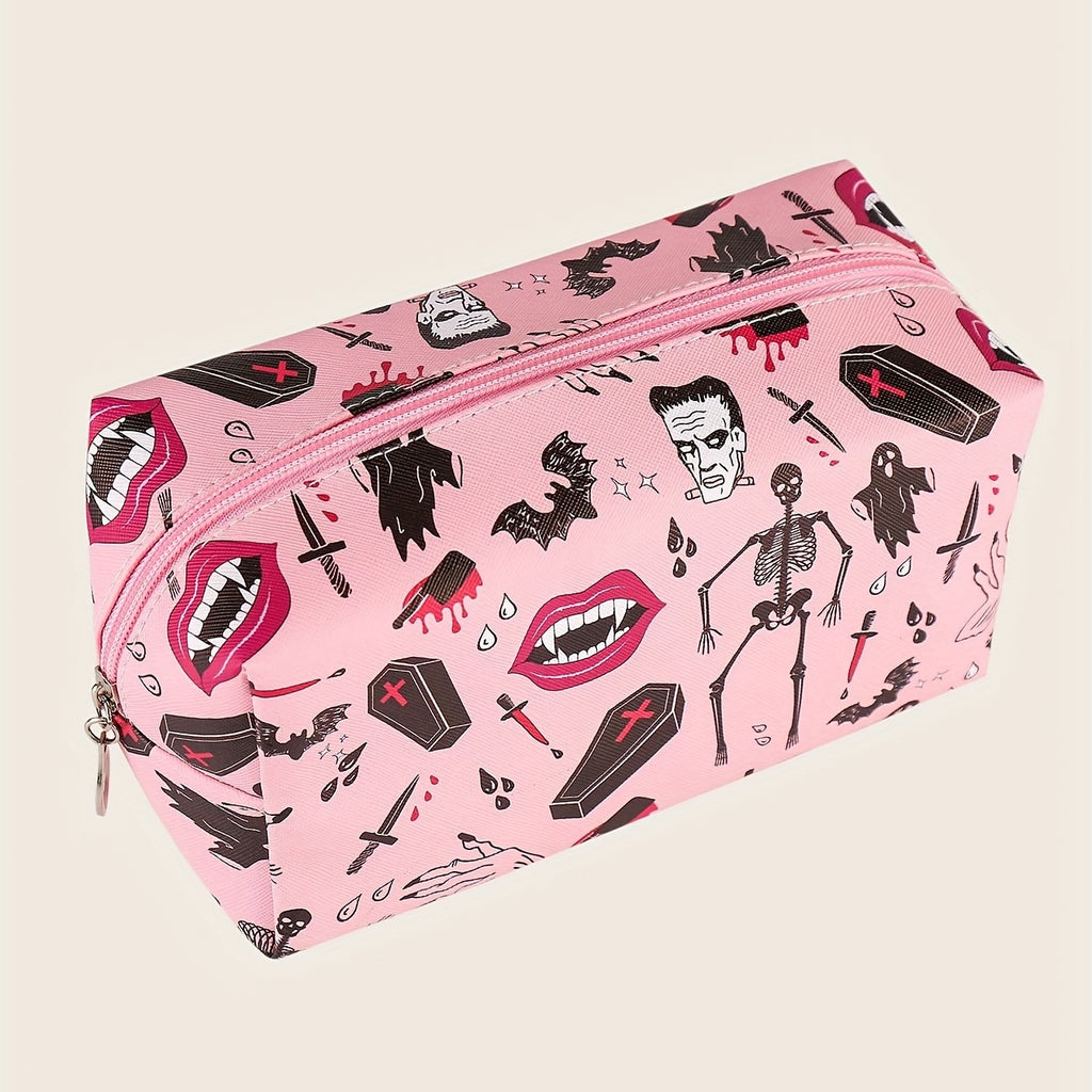 Halloween Skeleton Bat Pattern Makeup Bag Pink Roomy Square Zipper Pouch Travel Toiletries Organizer Gift For  ladies Women Men