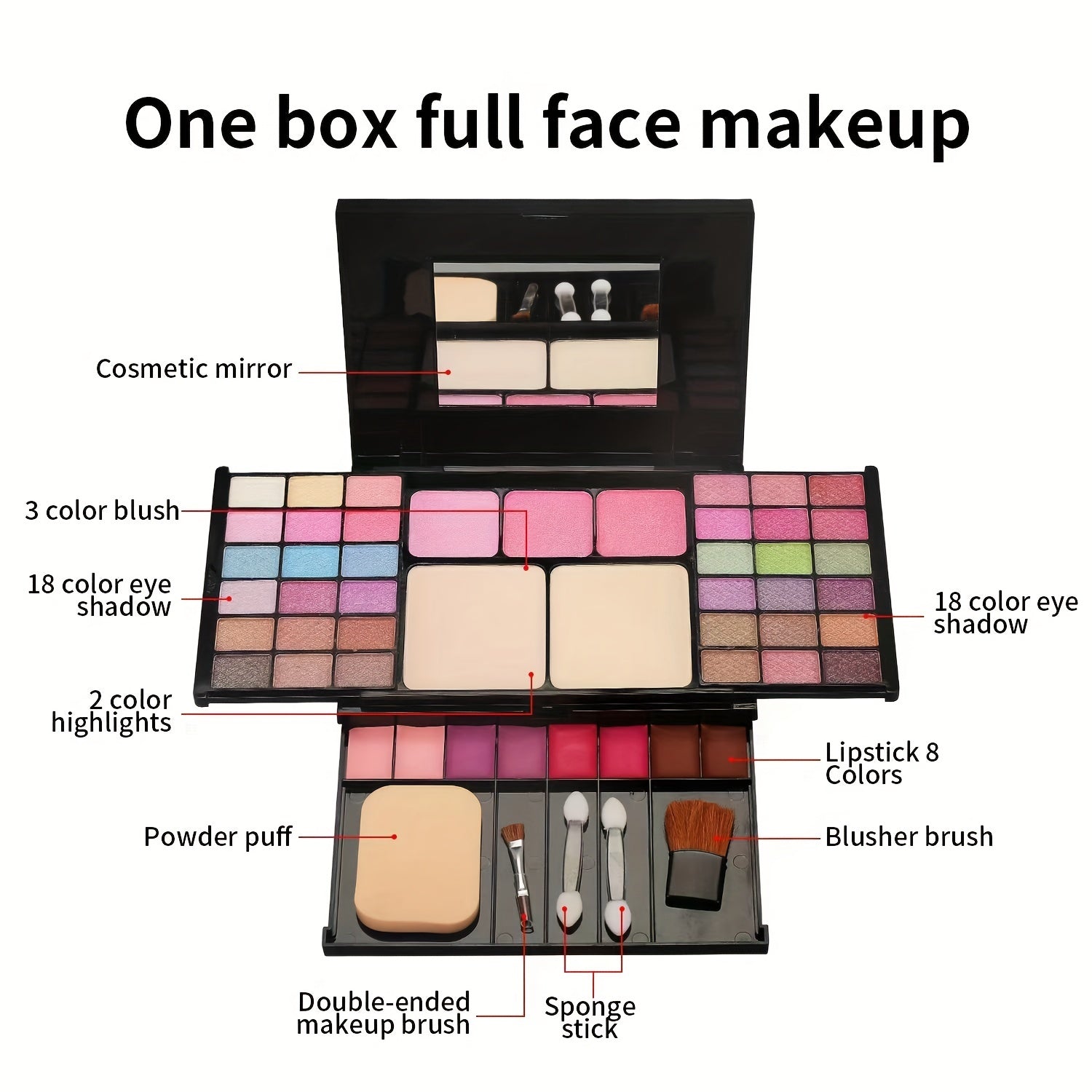 Full Face Multi-functional Makeup Box, 49 Colors Pearly Eyeshadow Makeup Palette, Nude Makeup Waterproof Lipstick Blush Powder Set (with Brushes, Sponge And Mirror ) Ideal Gift For Mother's Day Makeup Set