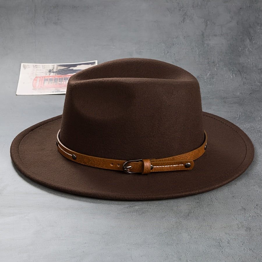 Men's Retro Felt Top Hat, Leather Buckle Accessory, Jazz Hats
