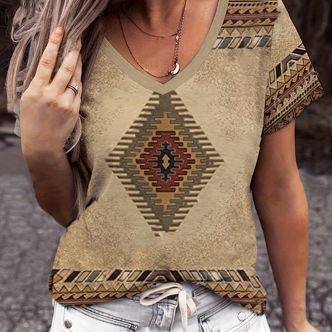 Western Geo Print V Neck T-Shirt, Casual Short Sleeve T-Shirt For Spring & Summer, Women's Clothing