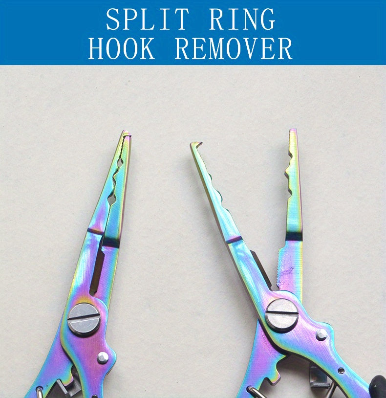 [Stainless Steel Fishing Pliers] Multi-Function Stainless Steel Fishing Pliers - Hooked Bent Nose - Color Titanium Open Ring Line Cutter - Lead Pressing Anti-Slip Handle