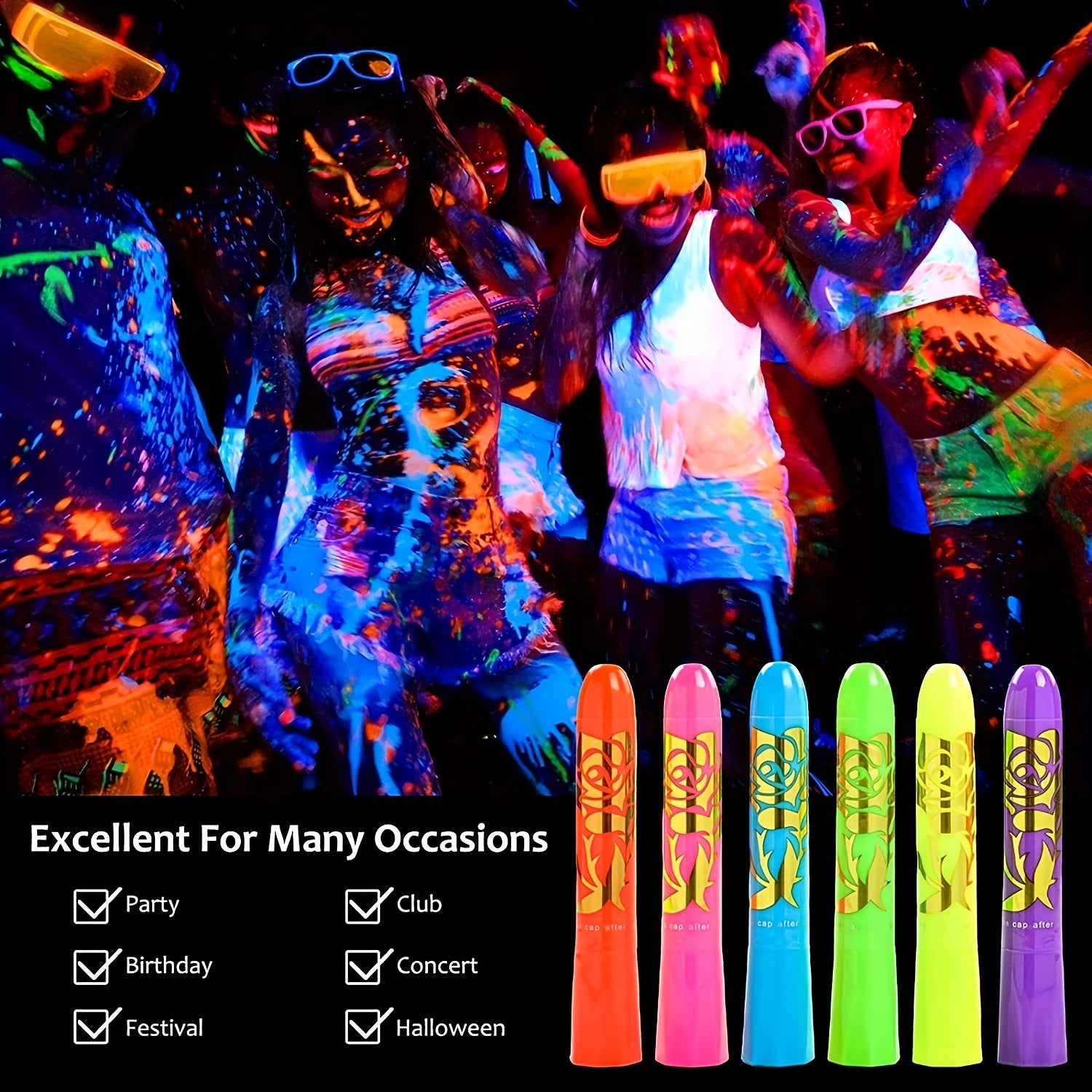 12 Pcs Glow In The Dark Body Face Paint Neon Glow In The Black Light UV Fluorescent Crayons Paint Sticks Makeup Kit For Adults Halloween Makeup Masquerade Mardi Gras Blacklight Birthday Party For Music Festival
