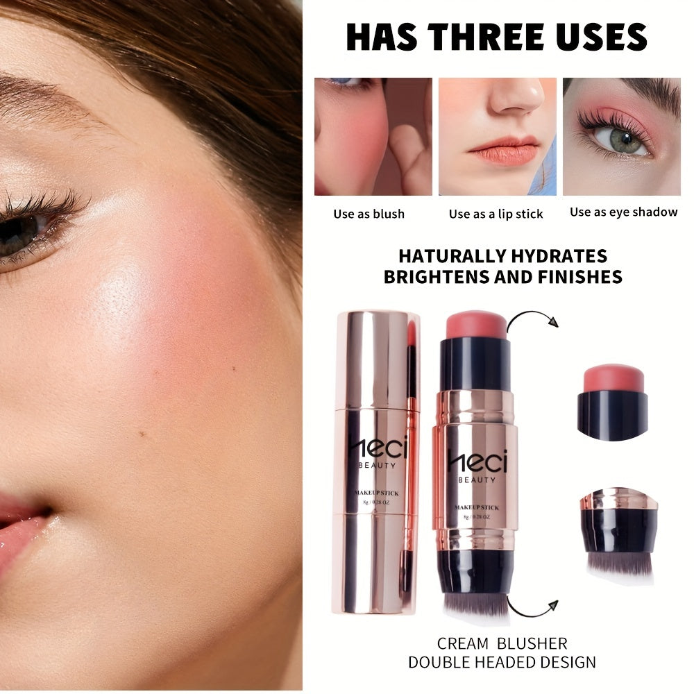 2-in-1 Rose Golden Blush Stick - Waterproof, Lightweight, Long-Lasting Makeup with Built-in Brush for Lip Gloss and Eyeshadow - Suitable for All Skin Types, Easy to Apply and Blend