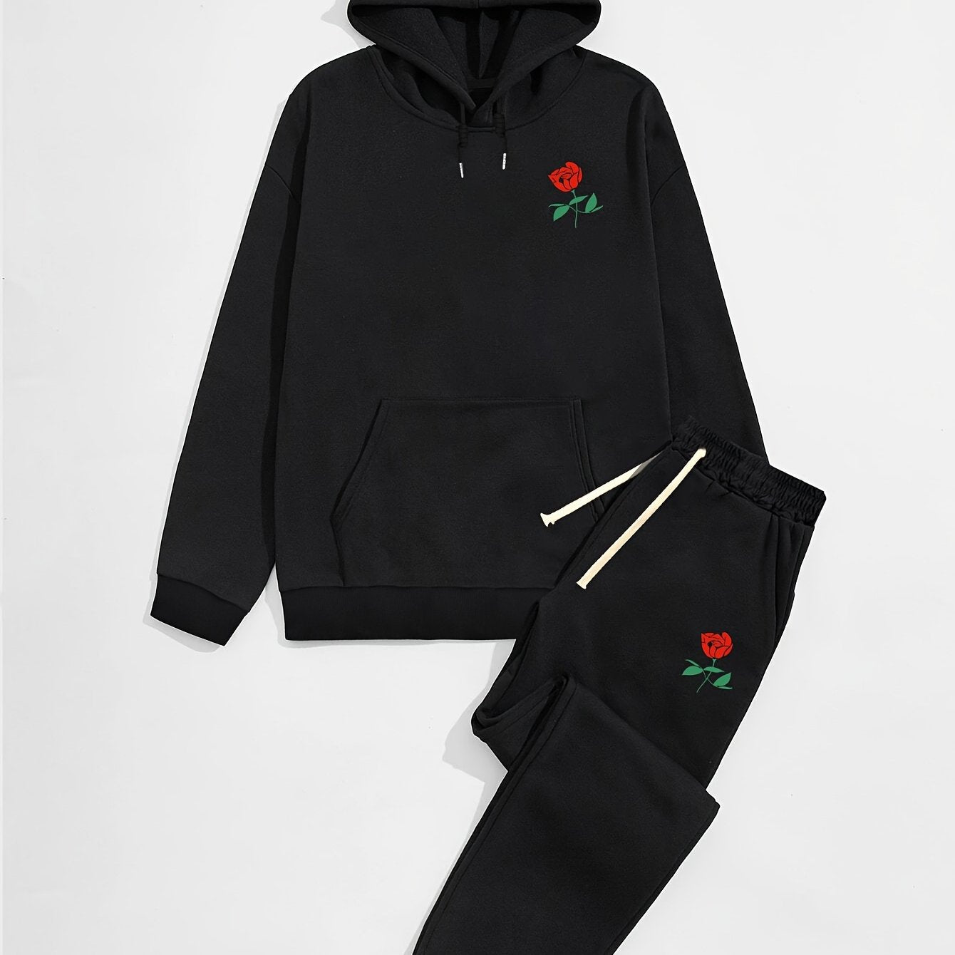 Men's Rose Graphic Print Pullover Hooded Sweatshirt Casual Outfit Set, 2 Pieces Long Sleeve Hoodies And Drawstring Sweatpants