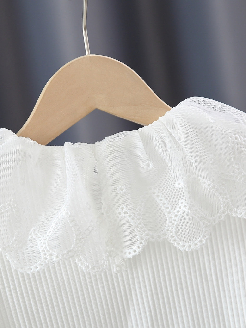 Girls Long Puff Sleeve Flower Lace Splicing Ruffles Round Neck Ribbed T-Shirts Tops Kids Clothes