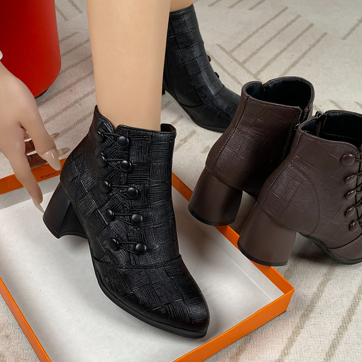 Chunky Heeled PU Leather Ankle Boots With Button Decor, Women's Footwear