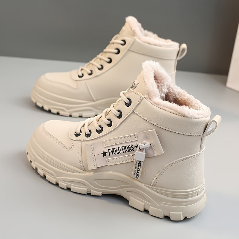Women'S Winter High-Top Boots - Warm Fleece-Lined Ankle Boots with Thick Rubber Sole, Lace-Up Casual Style, White & Beige, Perfect for Cold Weather Comfort, Winter Boots