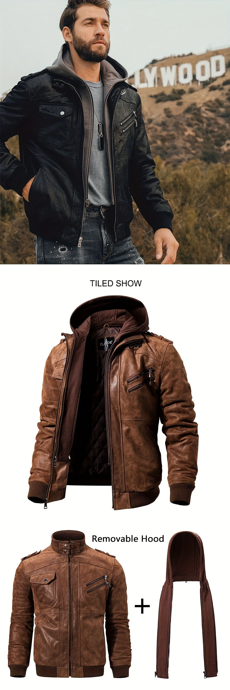 Men's Brown Leather Motorcycle Jacket with Removable Hood - FLAVOR
