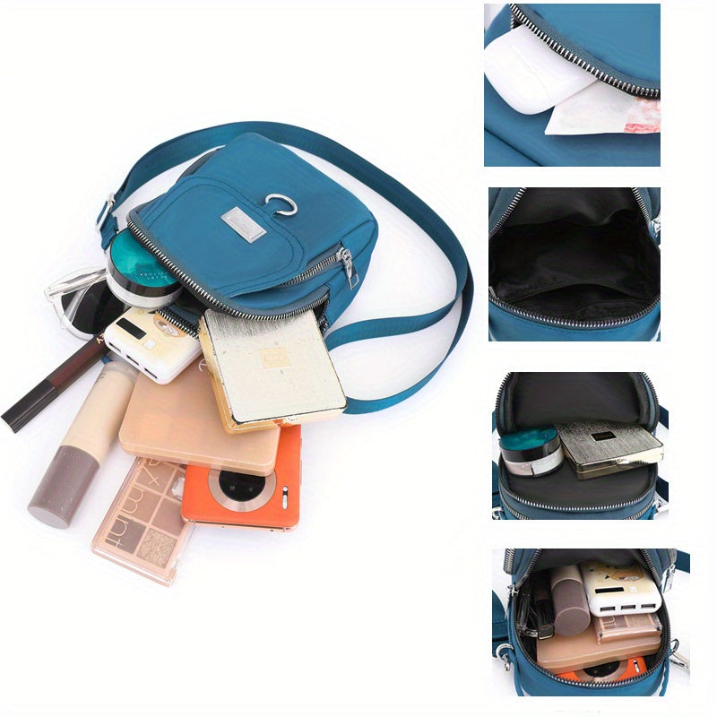 OGEHUAFEE Women'S Light Blue Nylon Shoulder Bag - Casual Mini Crossbody with Adjustable Strap, Multi-Layer, External Headphone Hole, Solid Color, Secure Zip Closure, Small Crossbody Bag