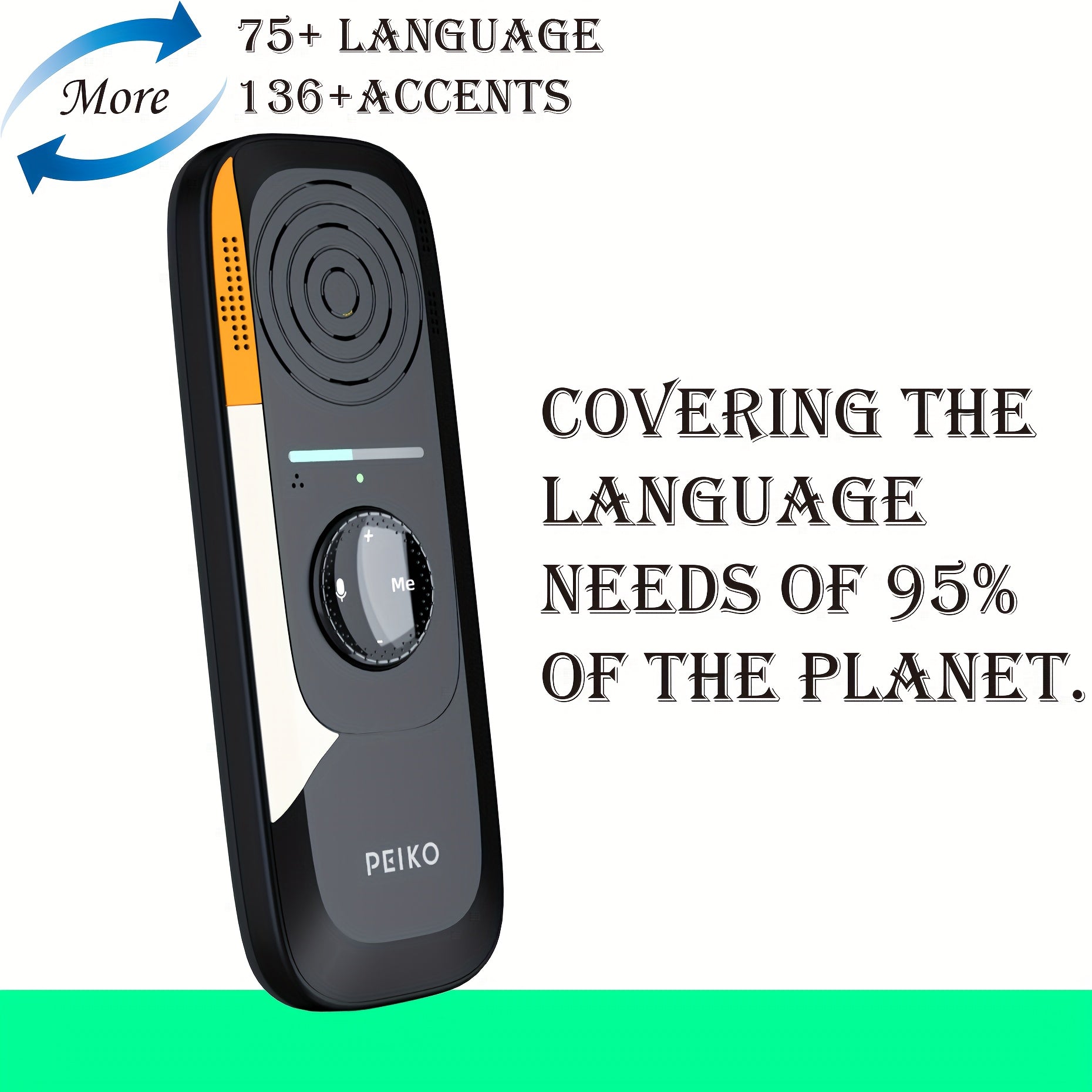 PEIKO Portable Two-Way Language Translator Device with Headphones - Instant Online Voice Translation, 75 Languages, High Accuracy, Type-C Charging, Compact Design for Travel, Business, Learning, Travel Translation Tool, Sleek