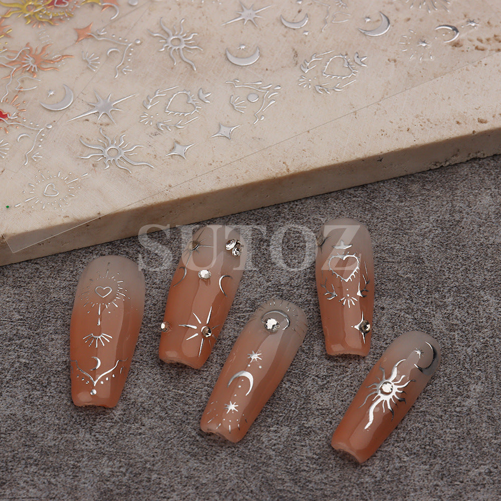 Golden Sun, Moon, and Star Nail Art Stickers - Self-Adhesive 3D Decals for French Nail Design and DIY Decoration