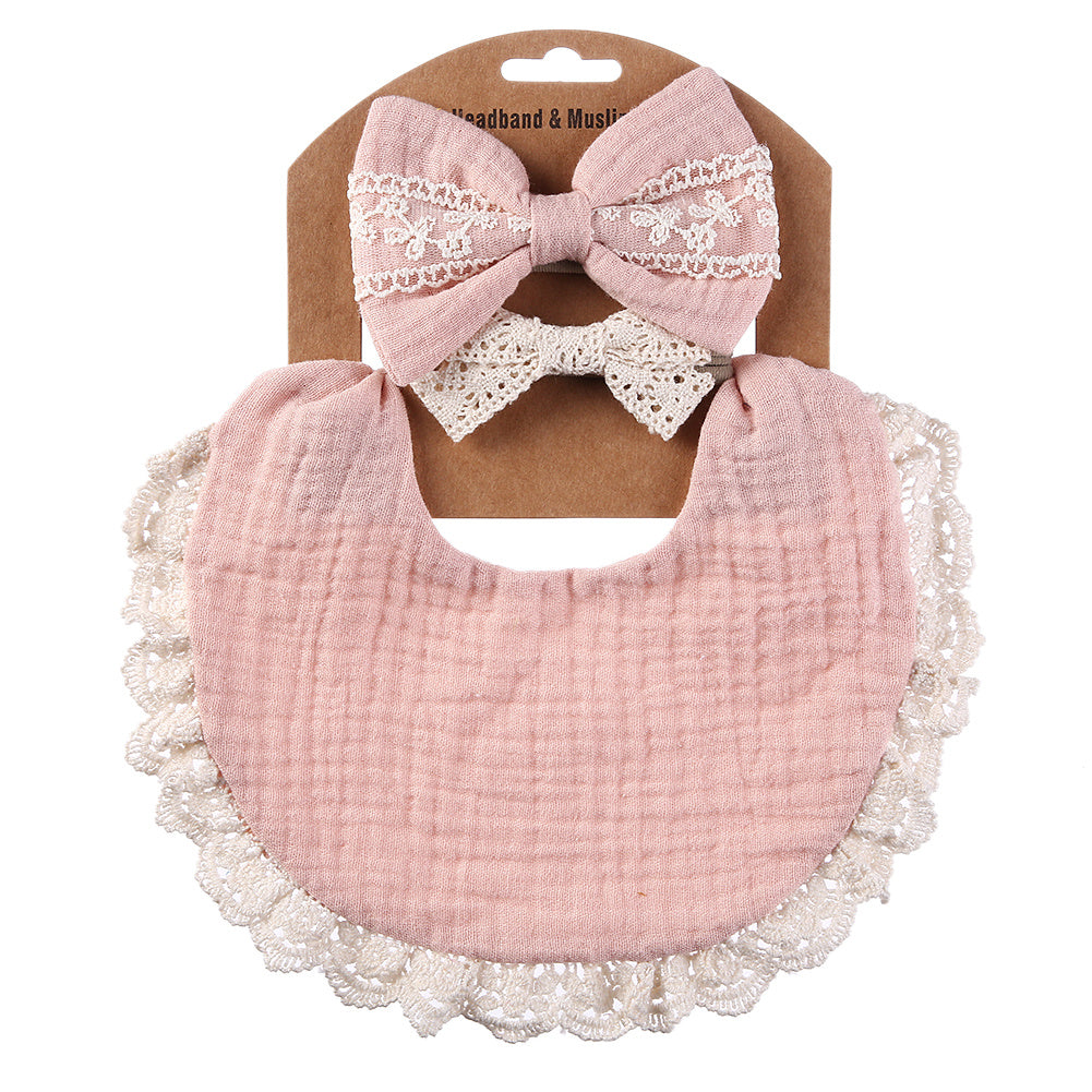 Two Headbands + One Bib Set, New Baby Bib, Kids Lace Bow Headband, Baby Crepe Stain Resistant Bib Set