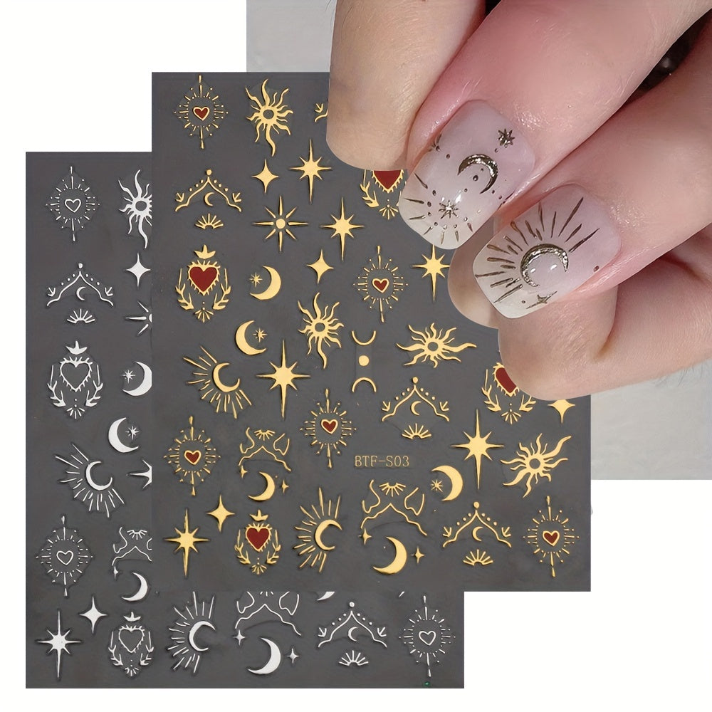 Golden Sun, Moon, and Star Nail Art Stickers - Self-Adhesive 3D Decals for French Nail Design and DIY Decoration