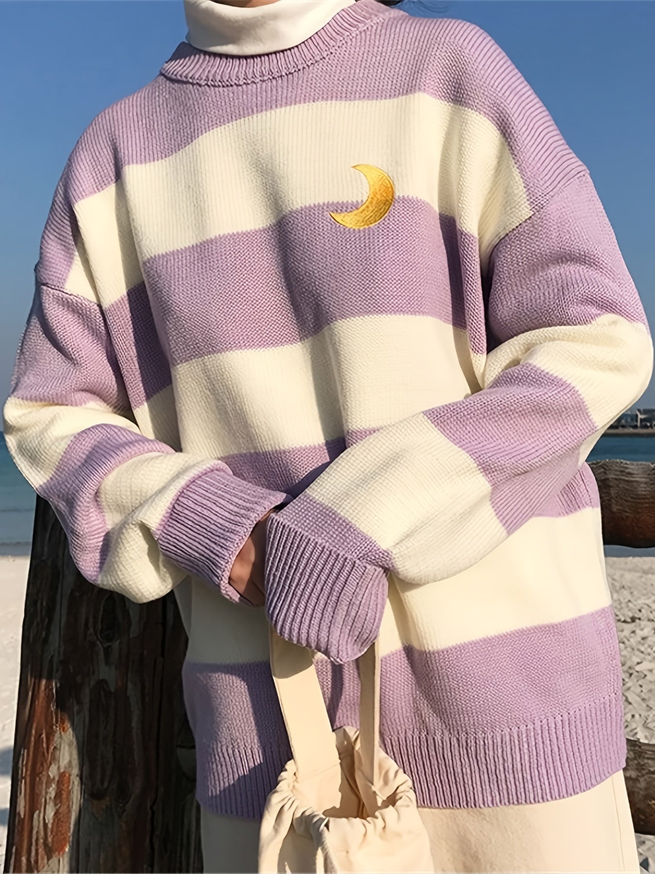 Kawaii Round Neck Striped Pullover Sweater, Casual Every Day Top For Winter & Fall, Women's Clothing