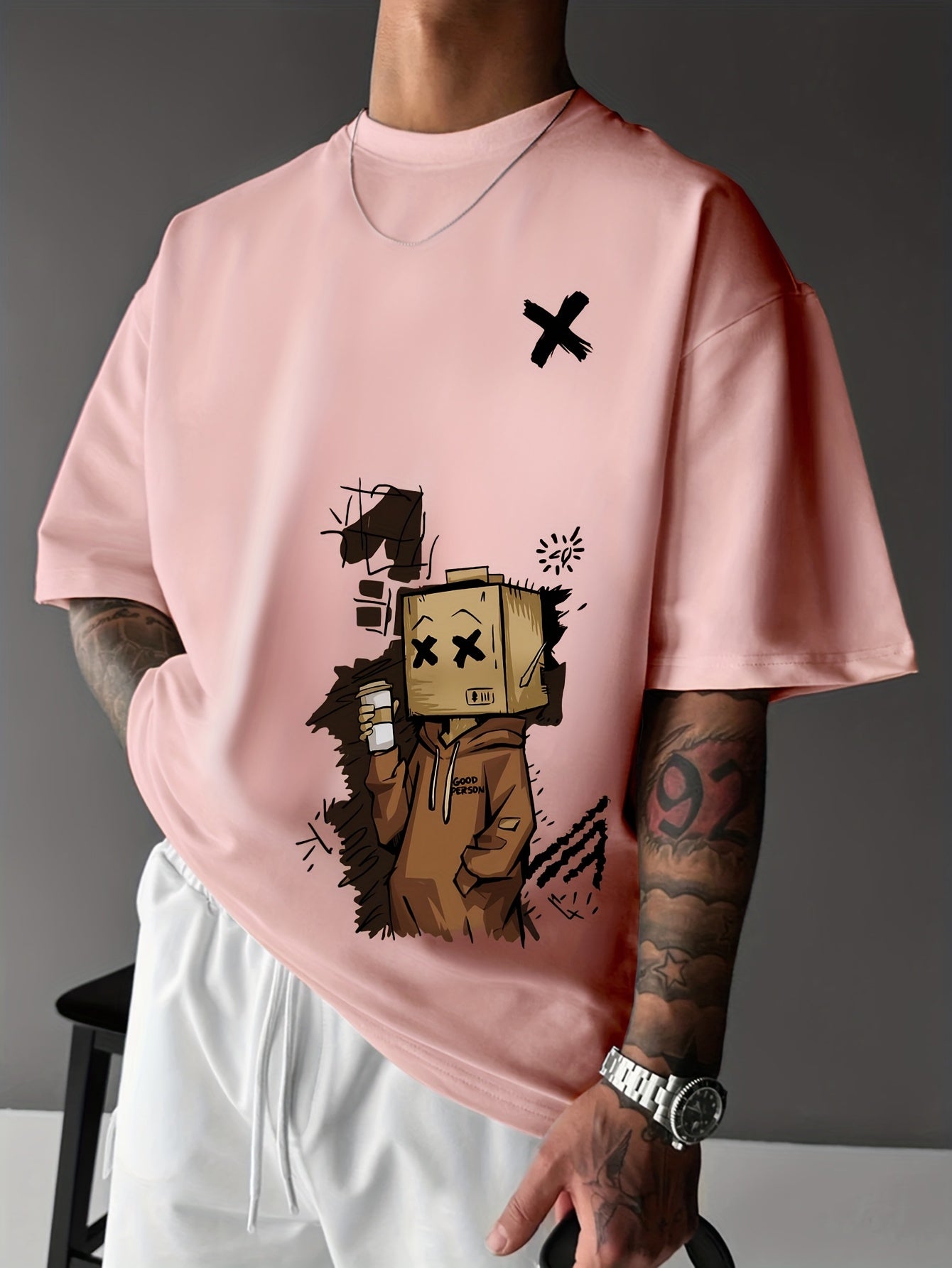 Men'S Summer Casual T-Shirt with Playful Robot & Cupcake Graphic - Red, Short Sleeve, Round Neck, Loose Fit, Geometric Pattern, Perfect for Streetwear or Casual Attire, Casual Summer Wear | Playful Graphic Tee | Comfortable F