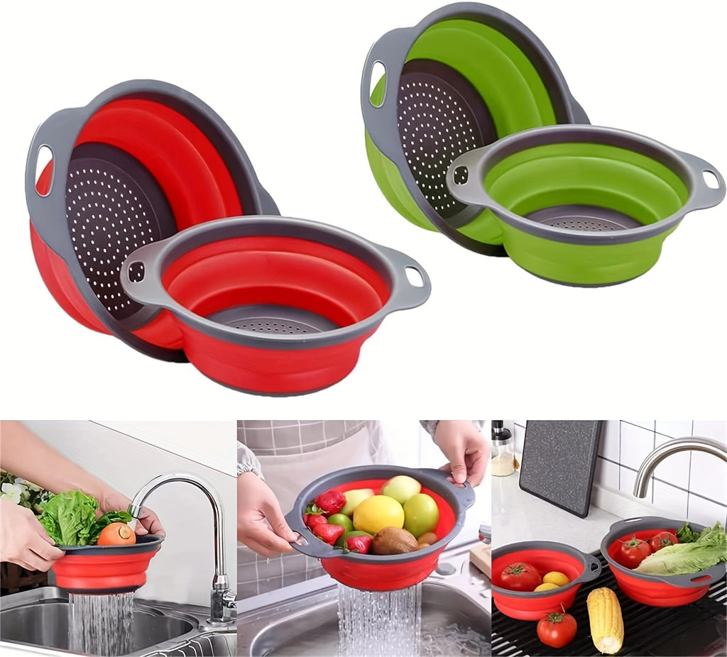 1/2 Set of Round Kitchen Draining Baskets, Foldable Funnel - Includes One Large And One Small, Perfect for Draining Pasta, Vegetables, And Fruits (Green, Red, Blue)