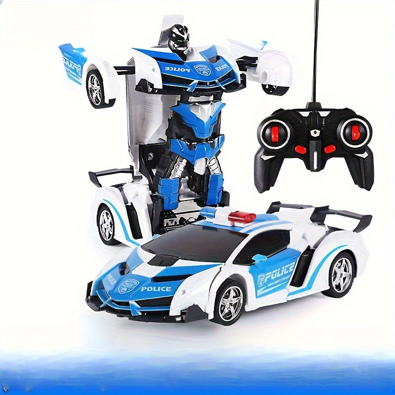Transforming RC Robot Police Car Toy - One-Click Transformation, Remote Control, Durable Plastic, Novelty Gift for Youngsters - Red/Blue/Yellow