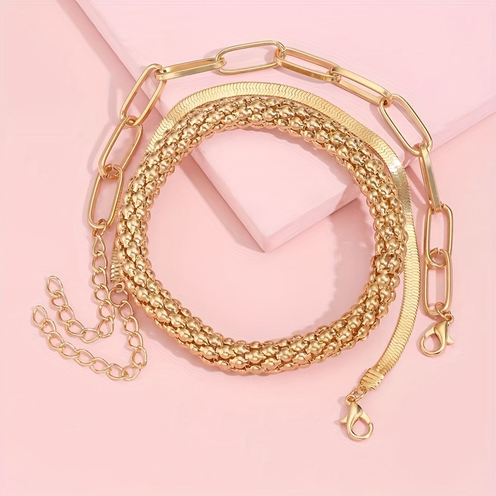 [Golden Chain Bracelet] Trendy European And American Accessories: Hot-selling Multi-layer Snake Bone Chain Bracelet Set, Creative Vintage 3-piece Golden Chain Bracelet For Women