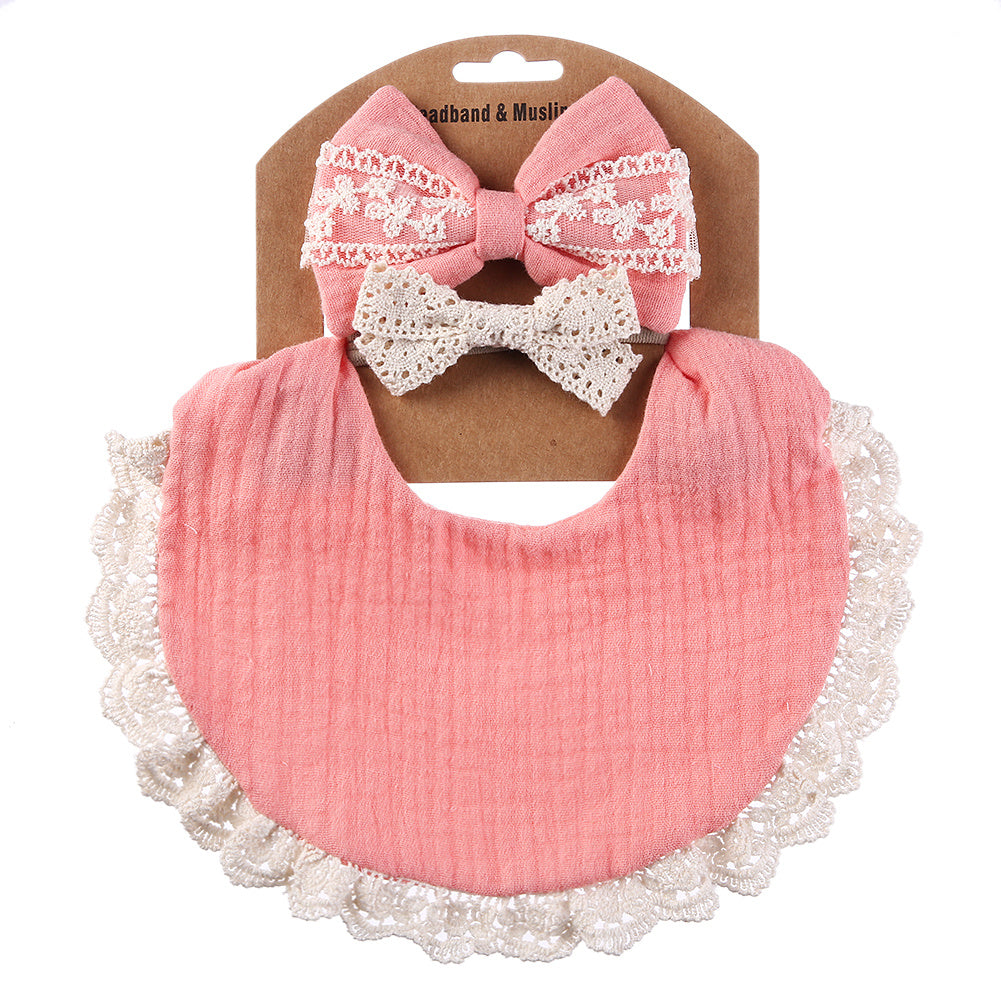 Two Headbands + One Bib Set, New Baby Bib, Kids Lace Bow Headband, Baby Crepe Stain Resistant Bib Set