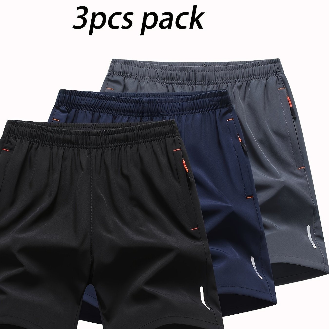 3pcs Reflective Men's Stripe Decor Sports Shorts, Elastic Waist Trendy Fitness for Summer Training