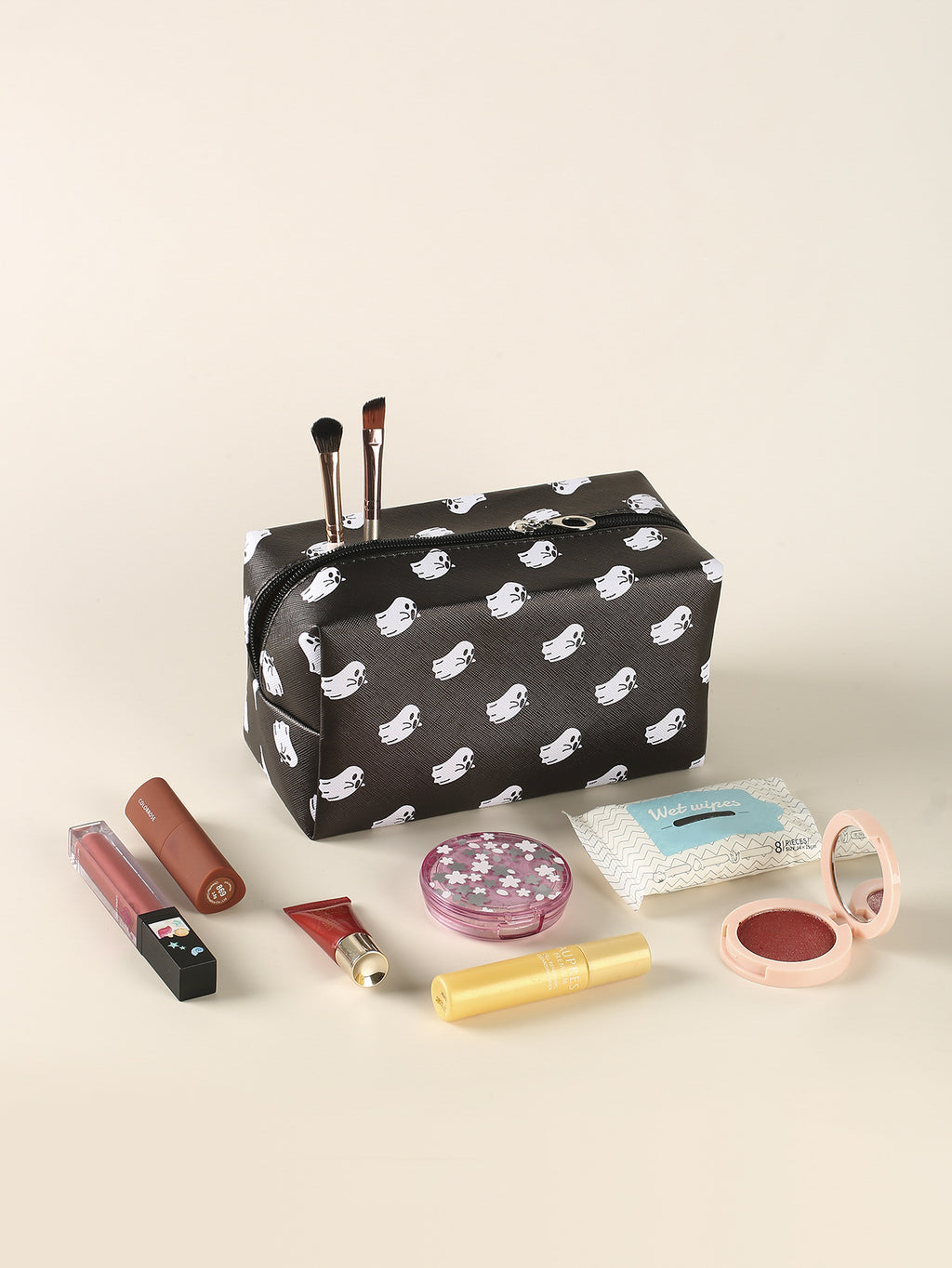 Halloween Little Ghost Print Makeup Pouch Zipper Roomy Square Cosmetic Bag Travel Accessories Organizer Halloween Gift For Friends Men Women