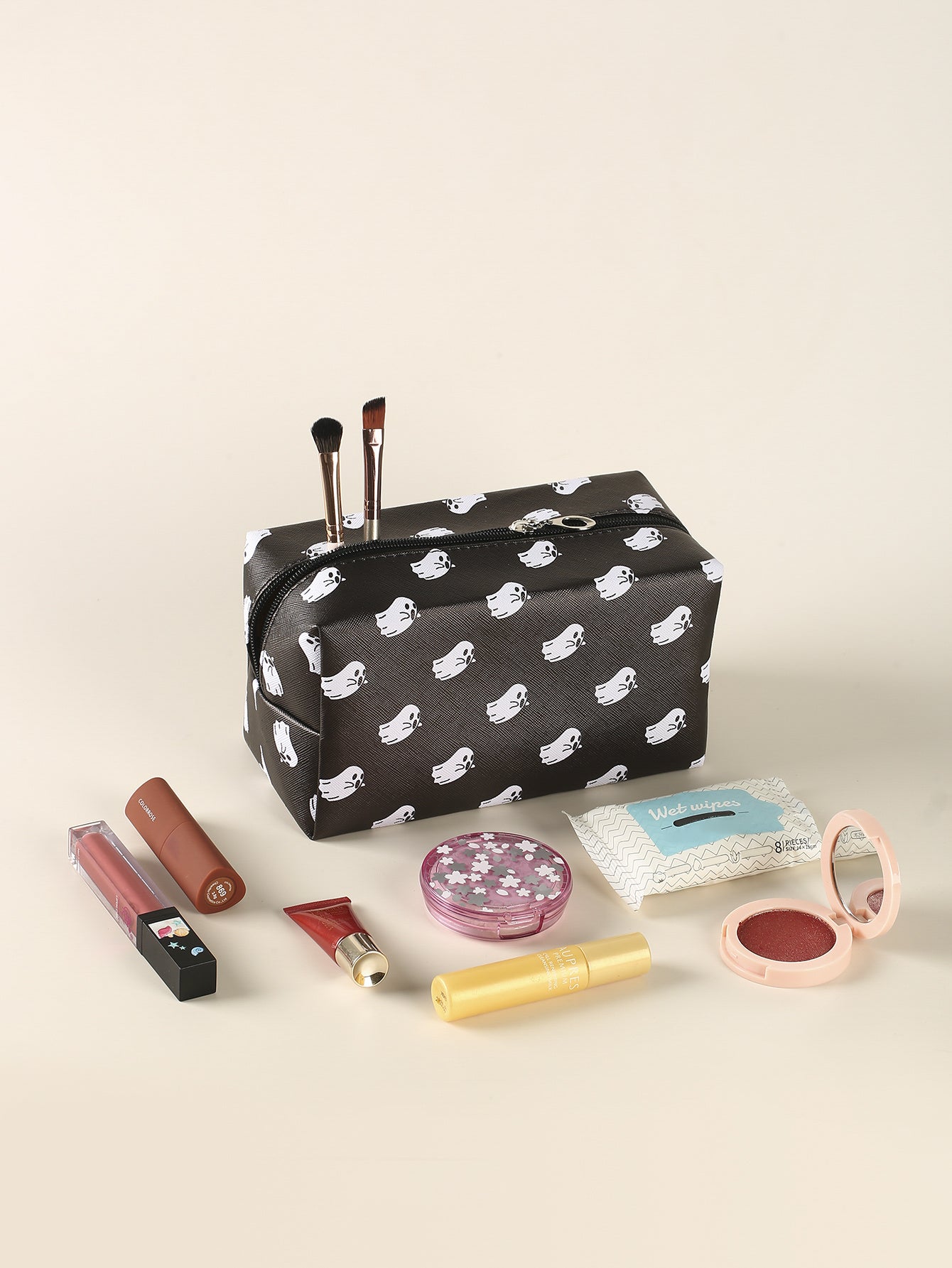 Halloween Little Ghost Print Makeup Pouch Zipper Roomy Square Cosmetic Bag Travel Accessories Organizer Halloween Gift For Friends Men Women