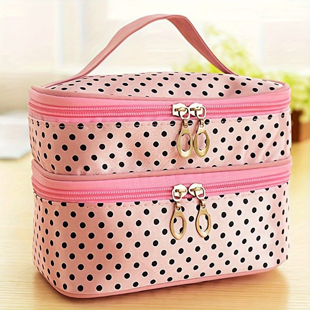 Polka Dot Double Layer Travel Makeup Case - Toiletry Pouch Storage Bag With Handle And Brush Storage Area For Women Ladies
