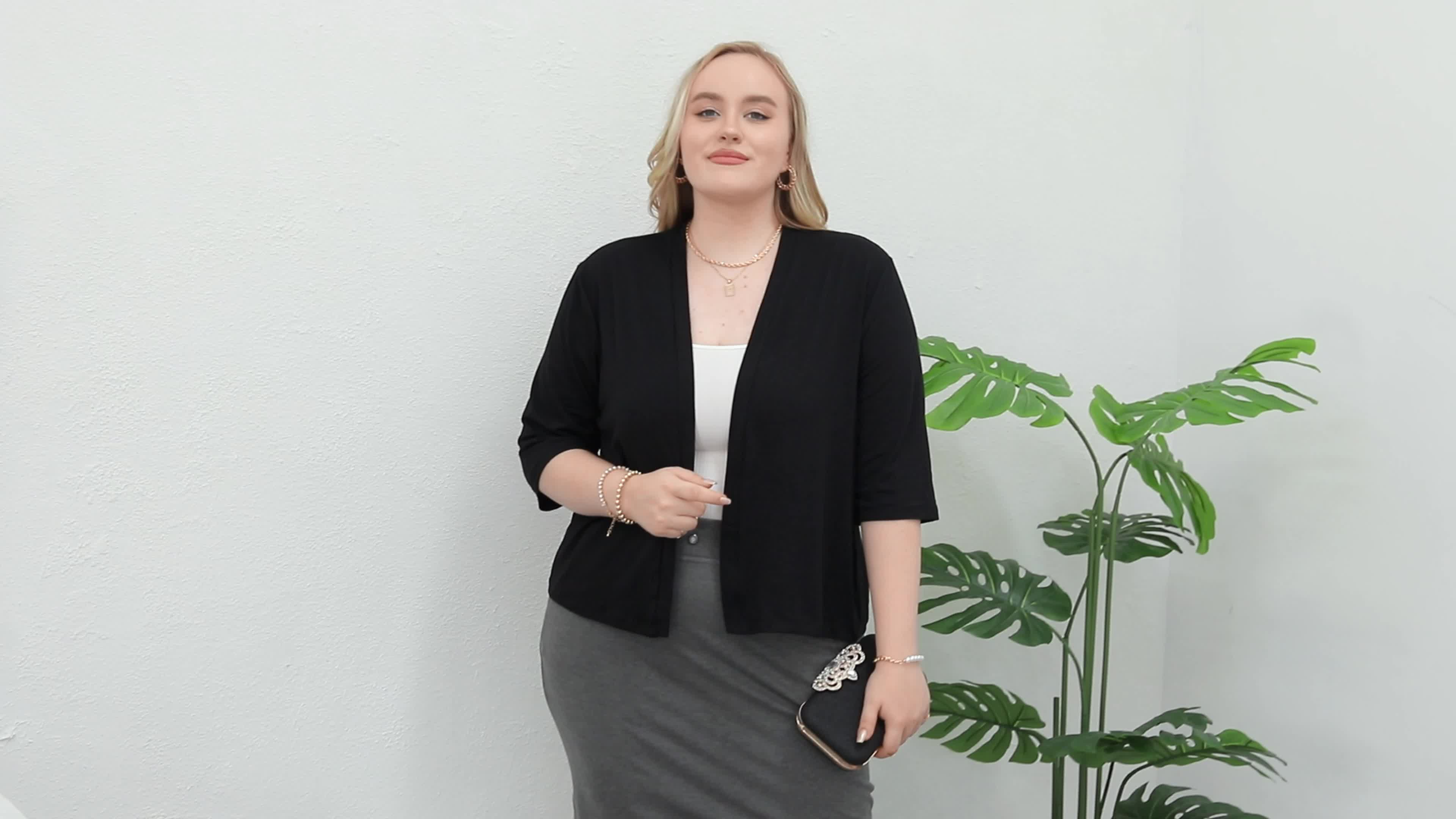 Plus Size Elegant Cardigan, Women's Plus Basic Half Sleeve Slight Stretch Cardigan