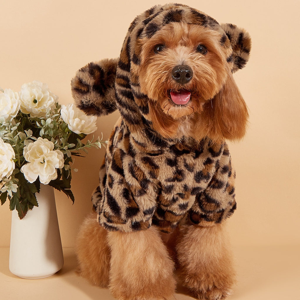Cozy Winter Plush Leopard Print Pet Sweater for Small/Medium Dogs & Cats - 100% Polyester Knit Pullover with Hood, Warm Soft Dog Cat Coat for Cold Weather