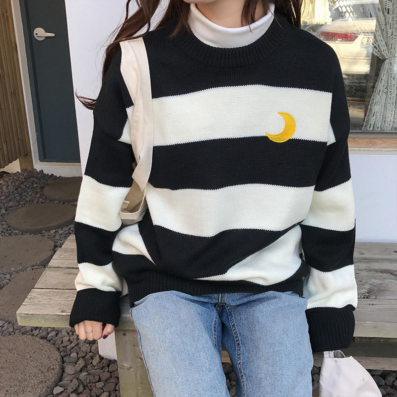 Kawaii Round Neck Striped Pullover Sweater, Casual Every Day Top For Winter & Fall, Women's Clothing
