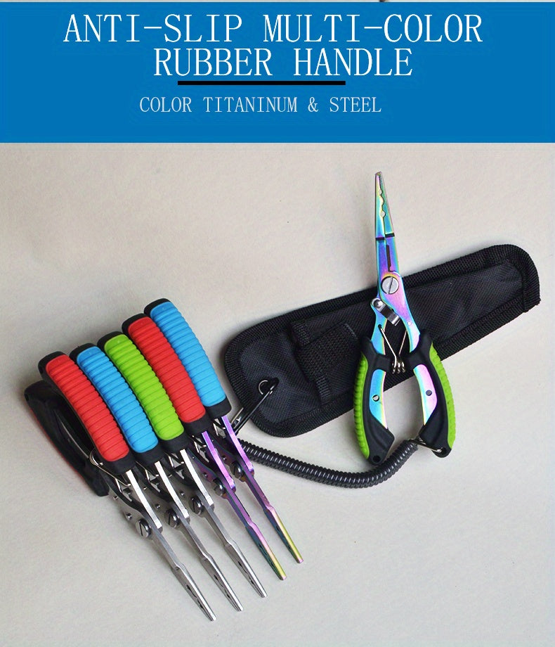 [Stainless Steel Fishing Pliers] Multi-Function Stainless Steel Fishing Pliers - Hooked Bent Nose - Color Titanium Open Ring Line Cutter - Lead Pressing Anti-Slip Handle