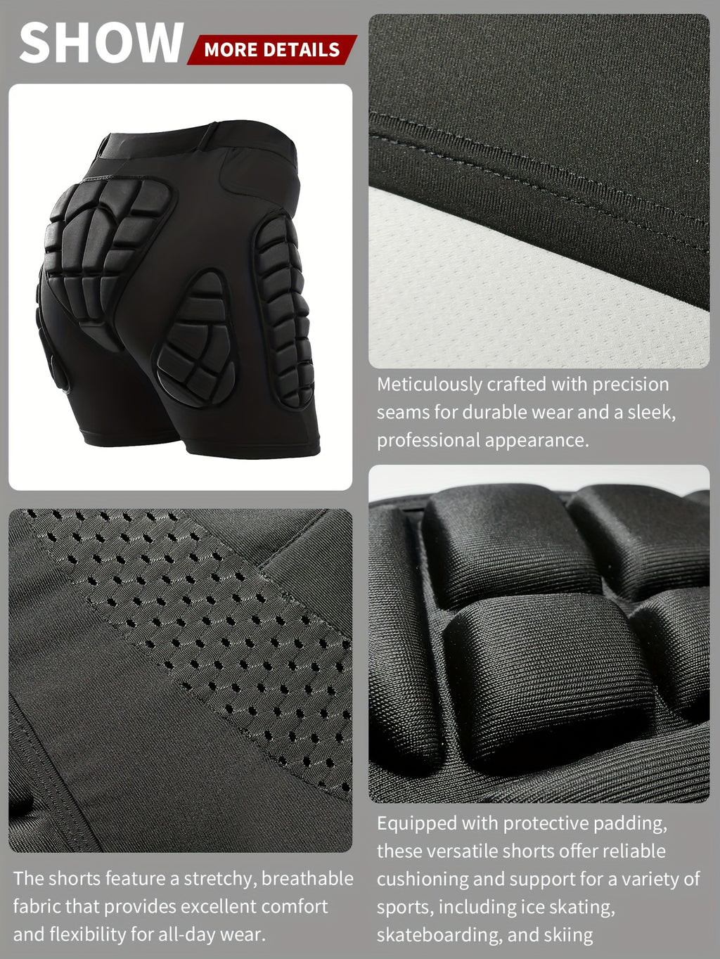 VEPAUS Breathable 3D Padded Shorts for Ice Hockey, Snowboarding, Gymnastics, Roller Skating - Moisture Wicking, Flexible, High Stretch Polyester Knit Fabric, Regular Fit, Four Seasons Sports Gear