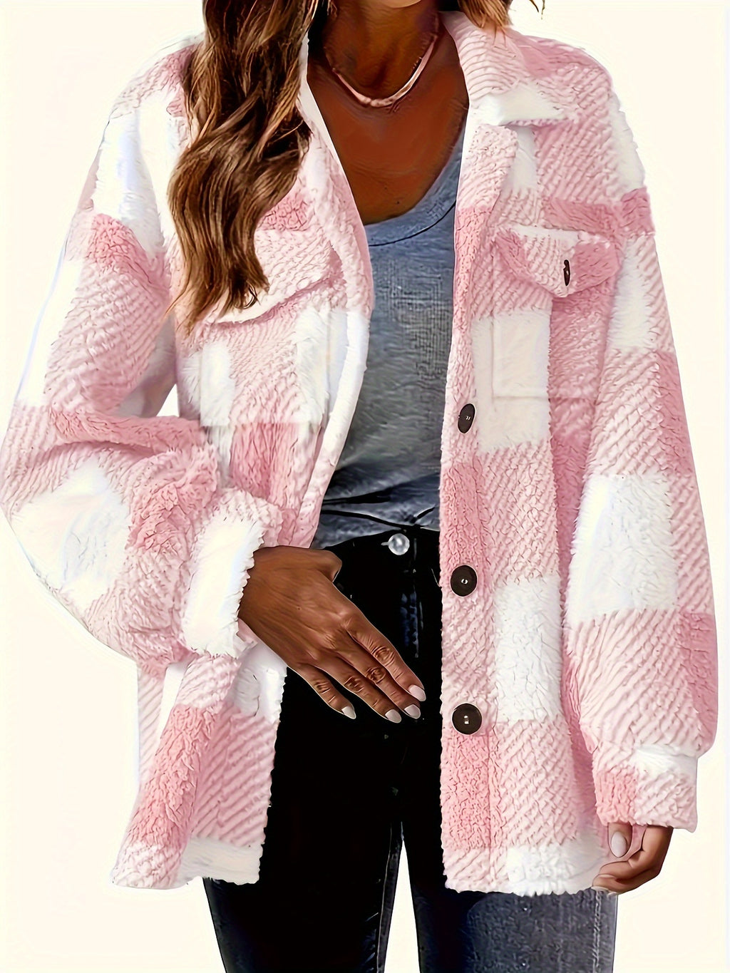 Plaid Pattern Button Front Jacket, Elegant Long Sleeve Warm Outerwear For Fall & Winter, Women's Clothing