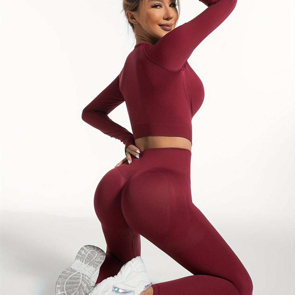 Women's Yoga Sports Suits, Seamless Stretchy Fitness Suits, Long Sleeve Thumb Hole Cropped Top & Slimming Leggings, Women's Activewear