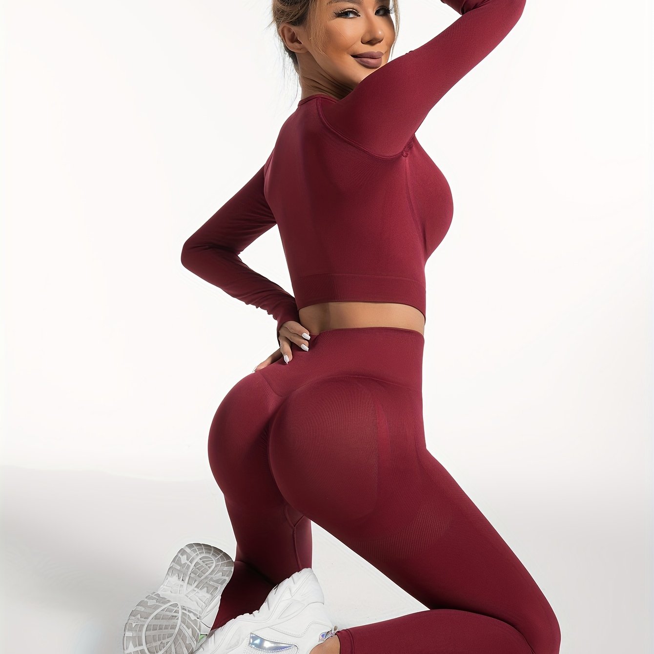 Women's Yoga Sports Suits, Seamless Stretchy Fitness Suits, Long Sleeve Thumb Hole Cropped Top & Slimming Leggings, Women's Activewear