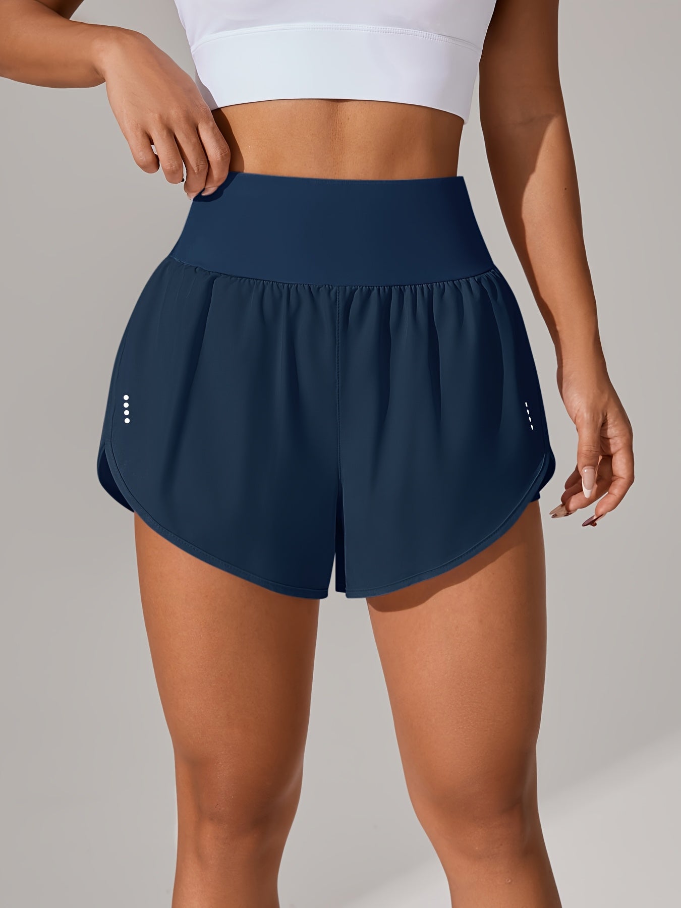 [Yoga Activewear] Women's Light Blue Yoga Shorts - Casual & Loose-Fit, High-Waisted with Ruffle Detail, Stretchy Polyester-Elastane Blend, Machine Washable, Perfect for Spring/Summer/Fall