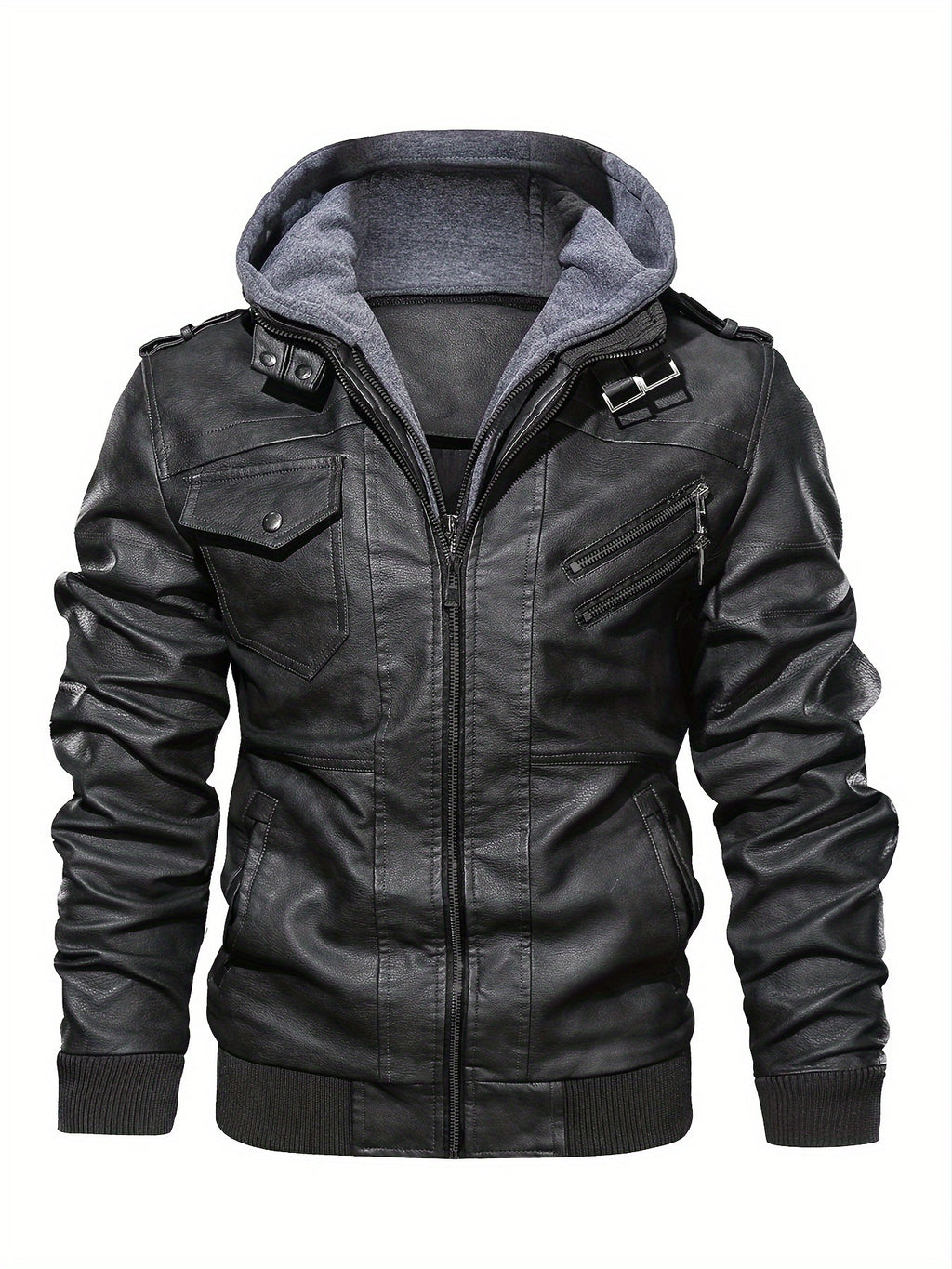 Men's PU Leather Hooded Pockets Zipper Long Sleeves Jackets