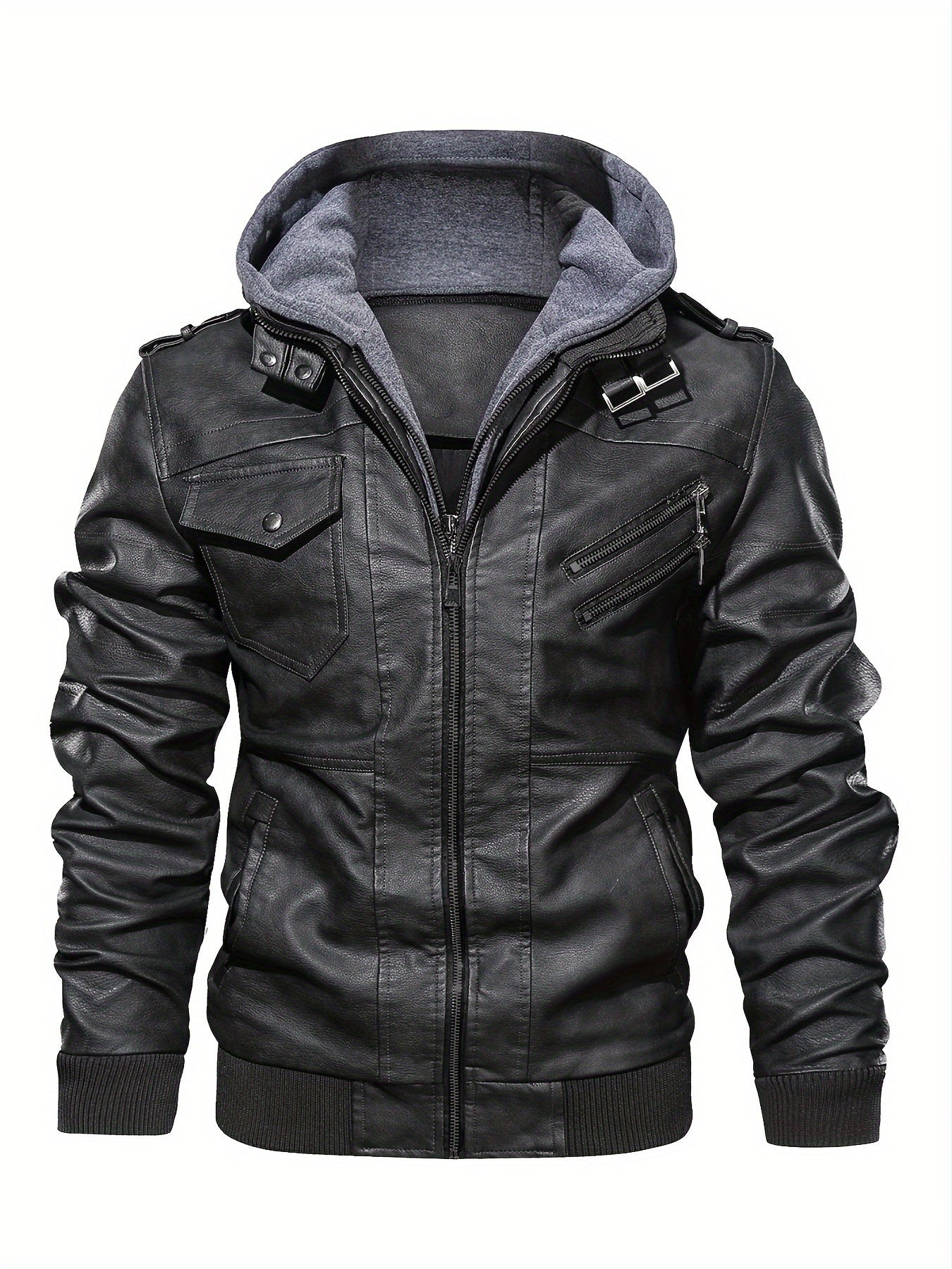 Men's PU Leather Hooded Pockets Zipper Long Sleeves Jackets