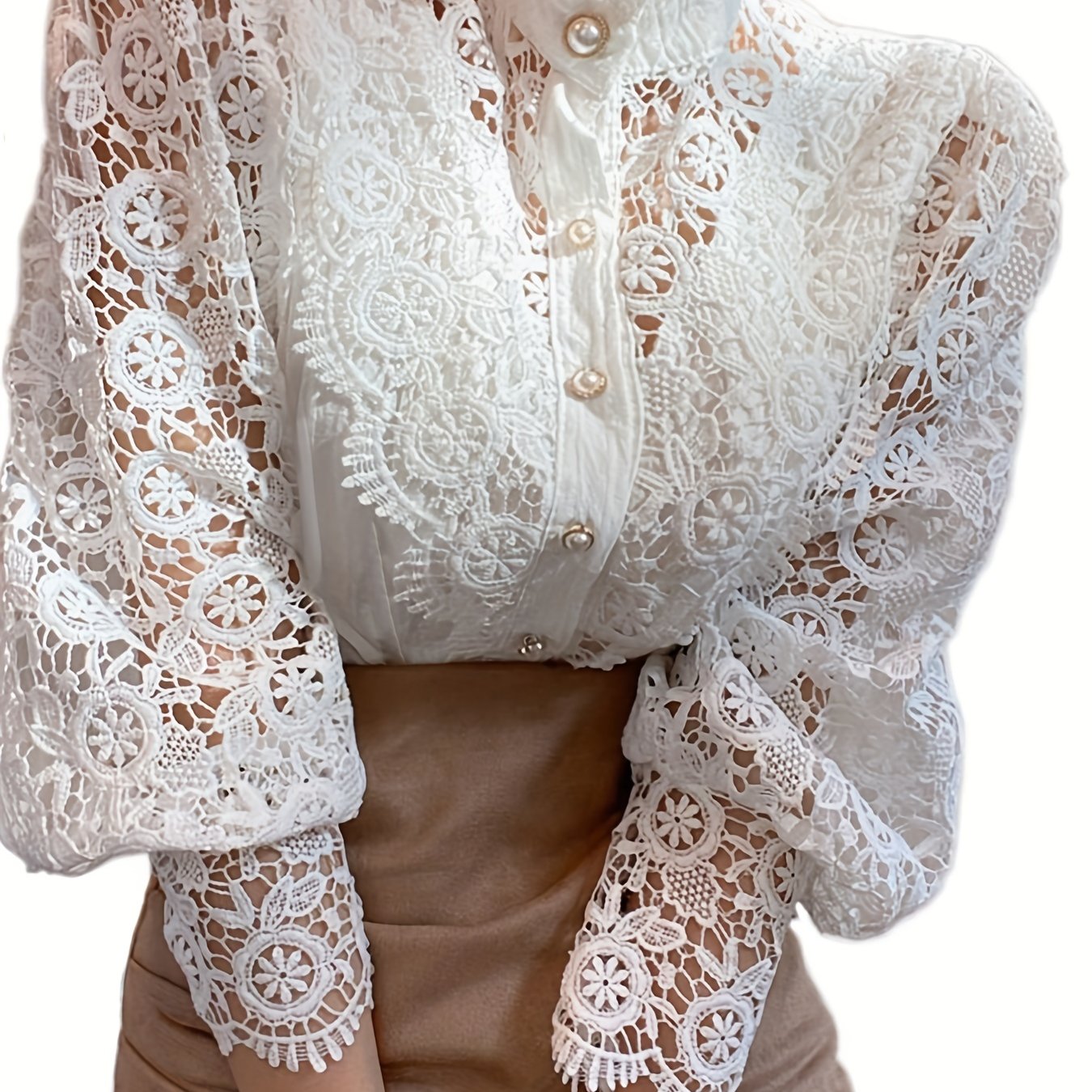 Women's Victorian Shirt - Elegant Blouse with Lace Sleeve cuffs, Vintage Button-Up Blouse for Wedding, Office, Party - Non-Stretch Formal Top (Hand Wash/Dry Clean) - Elegant Ladies Blouse, Wedding Guest Attire, Classic Collar