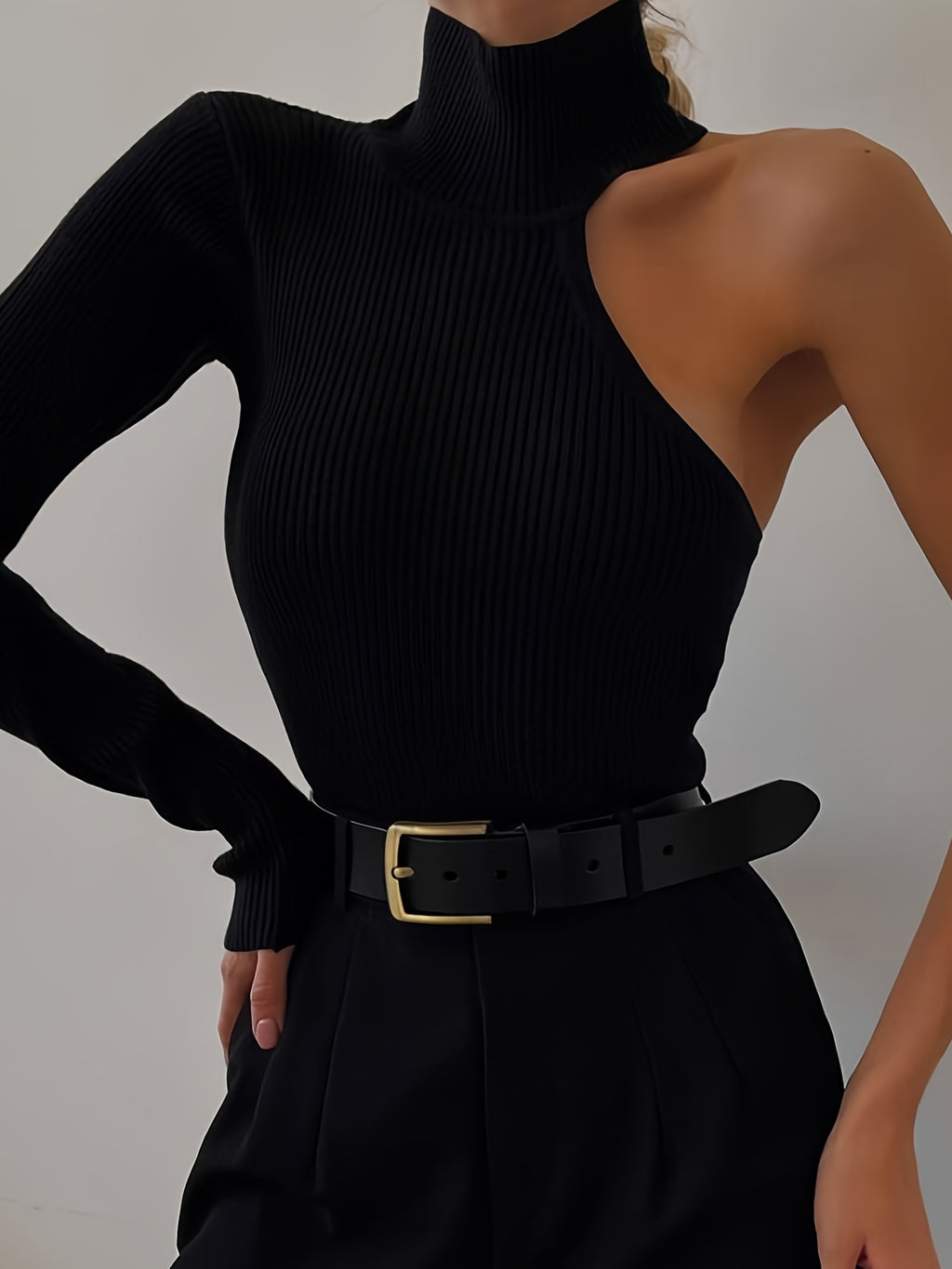 Solid Asymmetric One Shoulder Ribbed Knit Long Sleeve Bodysuit, Sexy Fall Winter One Piece Bodysuits, Women's Clothing