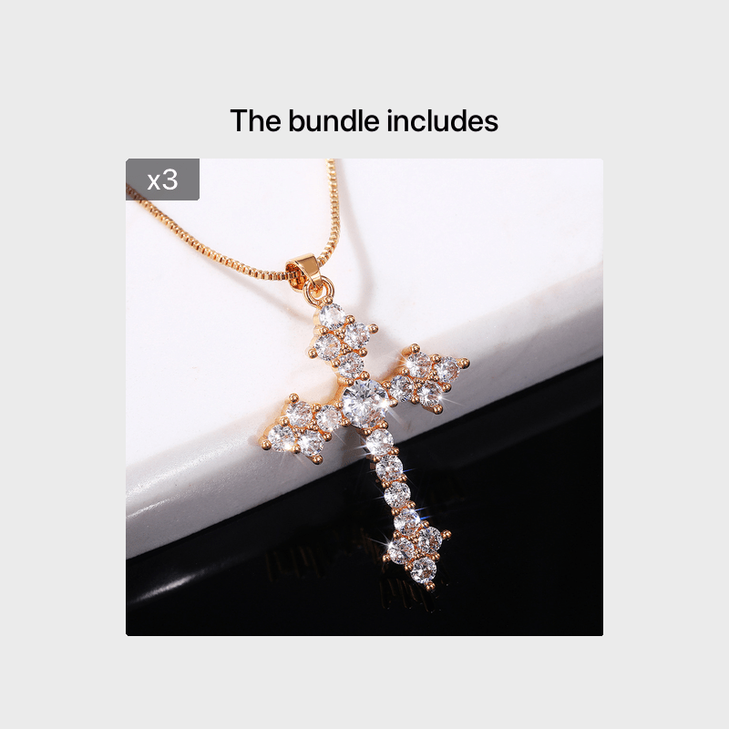 Dainty Cross Shape Pendant Necklace Inlaid Round Cut Shiny Zirconia Good Lucky Adjustable Clavicle Chain