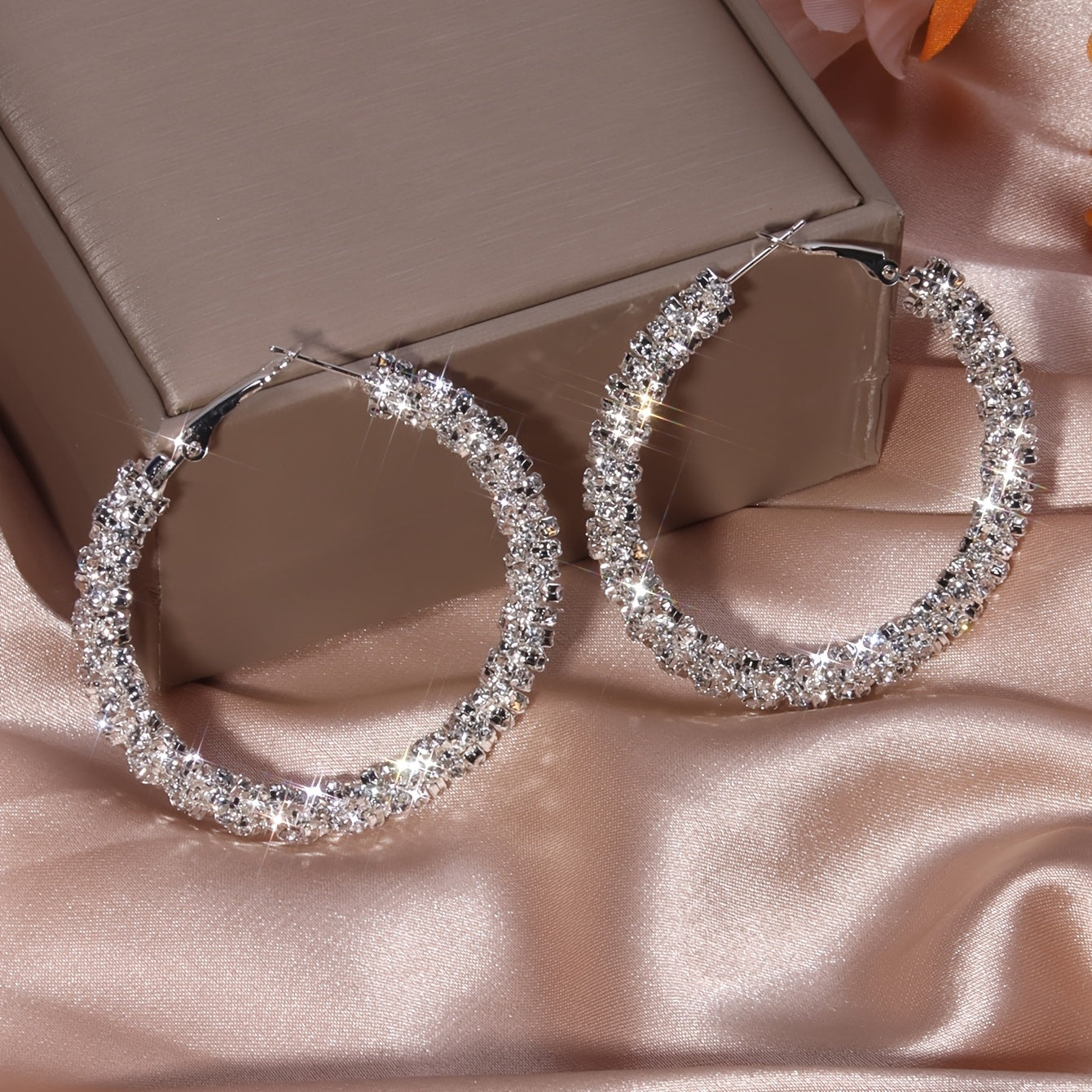 Large Full Rhinestone Hoop Earrings Silver Plated Delicate Jewelry Party Holiday Gift For Women
