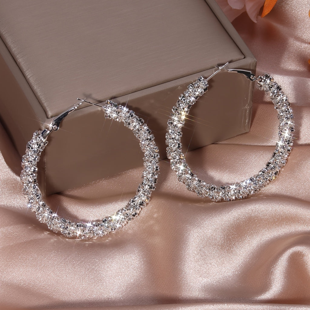 Large Full Rhinestone Hoop Earrings Silver Plated Delicate Jewelry Party Holiday Gift For Women