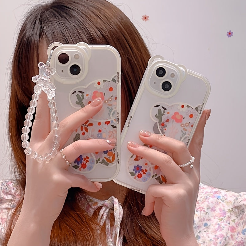 Transparent Phone Case with 3D Bear Ear Flower Design, Compatible with Iphone Models 13, 11, 14 Pro Max, 12, XR, X, XS, And 7, Offering Soft