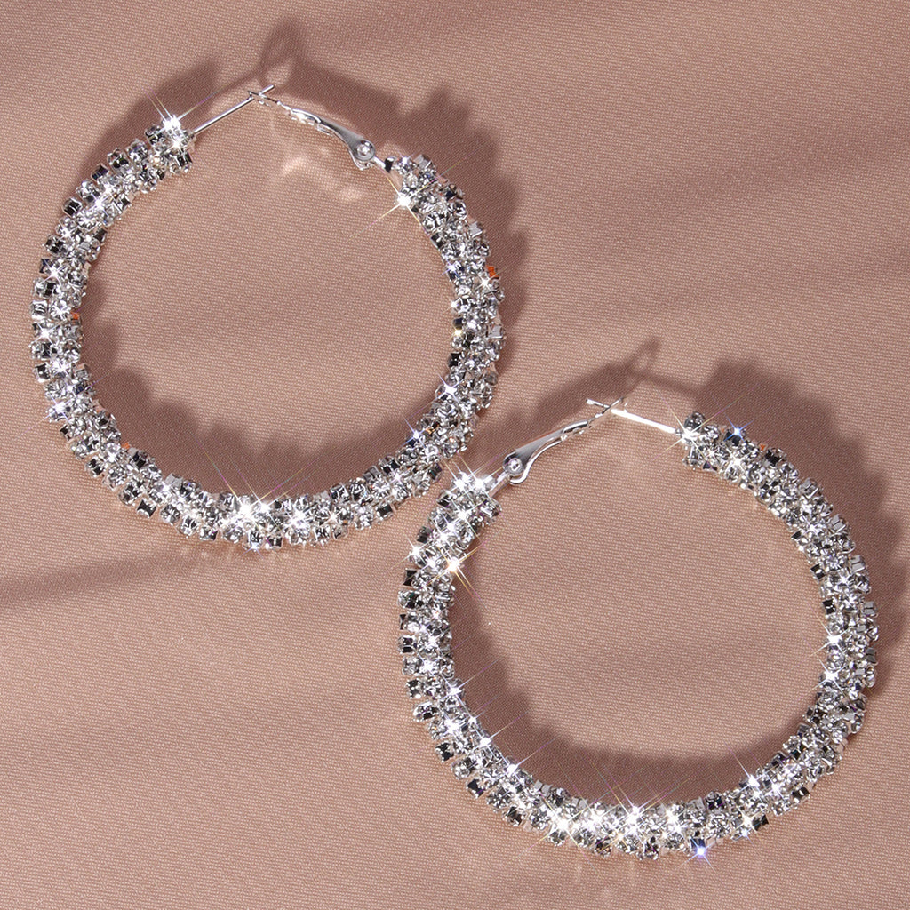 Large Full Rhinestone Hoop Earrings Silver Plated Delicate Jewelry Party Holiday Gift For Women