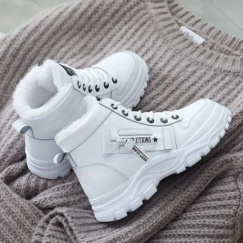 Women'S Winter High-Top Boots - Warm Fleece-Lined Ankle Boots with Thick Rubber Sole, Lace-Up Casual Style, White & Beige, Perfect for Cold Weather Comfort, Winter Boots