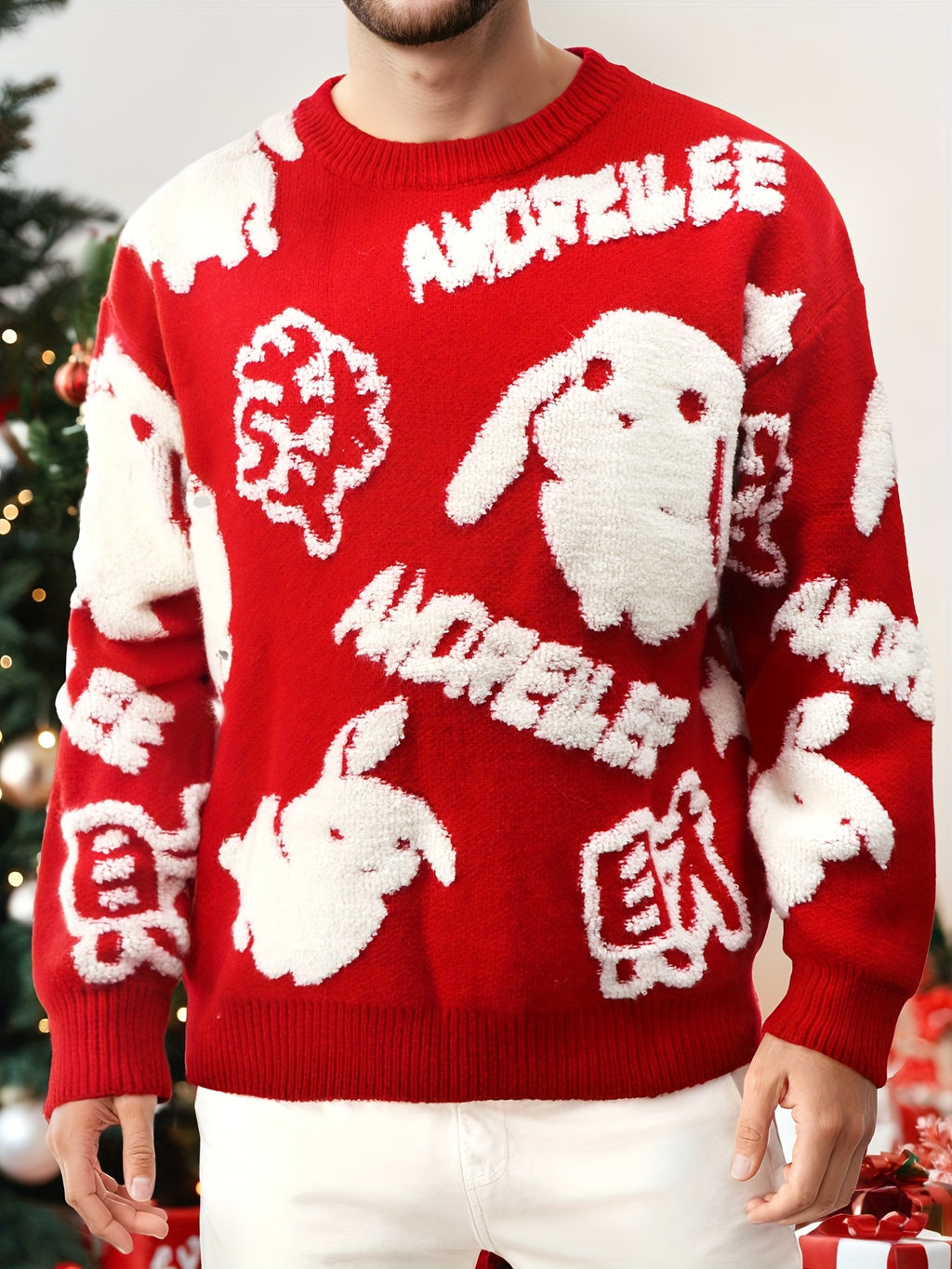 YWFG Cute Knitted Cute Rabbit & Wealth Chenille Embroidery Sweater, Men's Casual Warm Crew Neck Pullover Sweater For Men Fall Winter