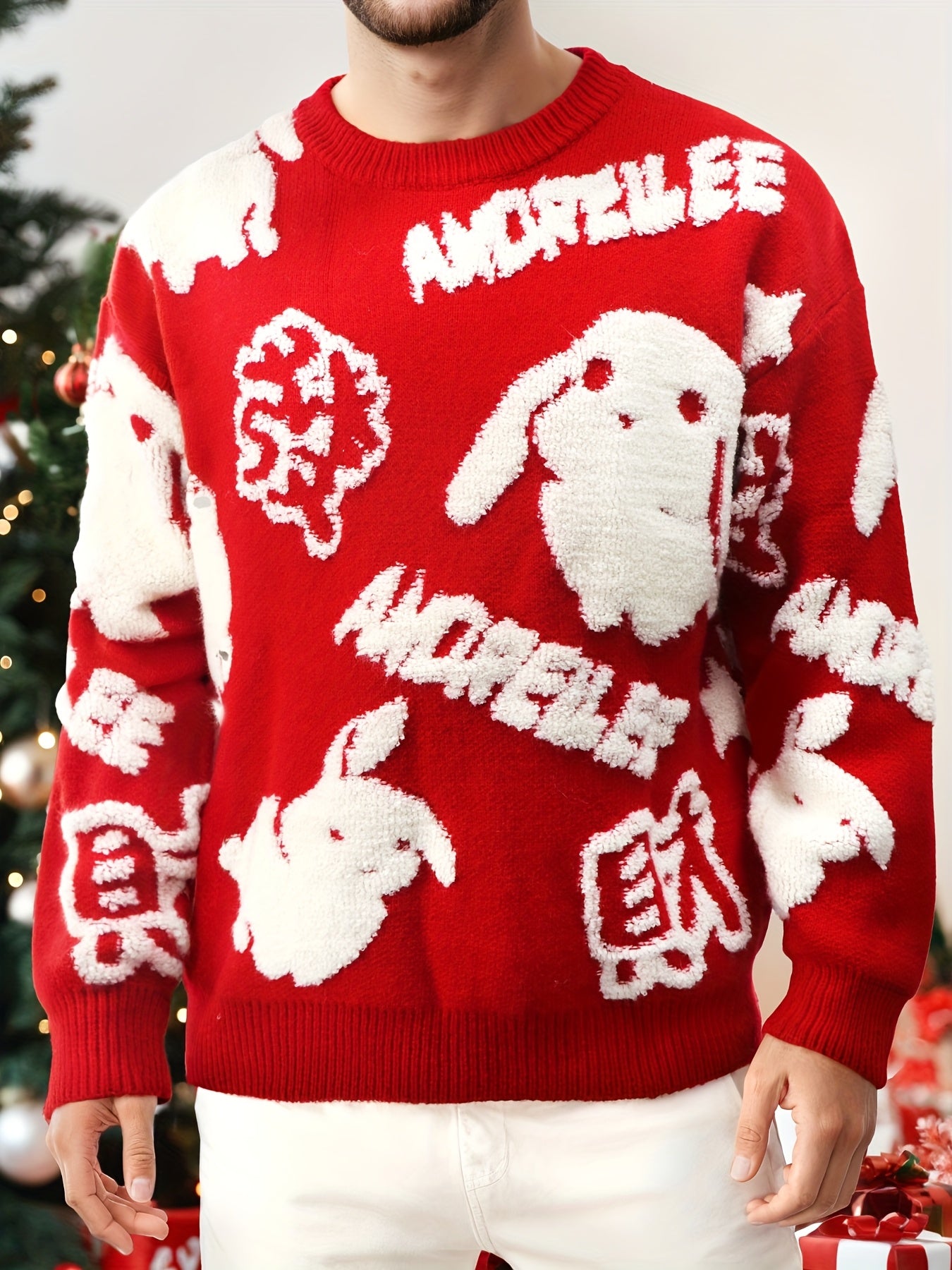 YWFG Cute Knitted Cute Rabbit & Wealth Chenille Embroidery Sweater, Men's Casual Warm Crew Neck Pullover Sweater For Men Fall Winter